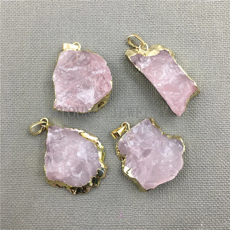 Freeform Pink Crystal Quartz Pendant Charm,Roses Quartz Druzy Gold Color Cladding Necklace Pendant Jewelry Making MY0407