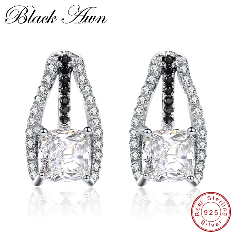 

[BLACK AWN] 4.2g 925 Sterling Silver Fine Jewelry Trendy Black Spinel Stud Earrings for Women Female Wedding Earrings T045