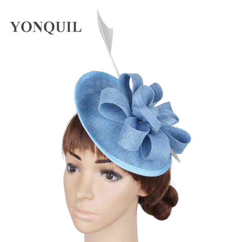 Light Blue Imitation Sinamay Fascinators Base with Feather Wedding Headwear Church Hats for Women Red Hair Accessories Wholesale