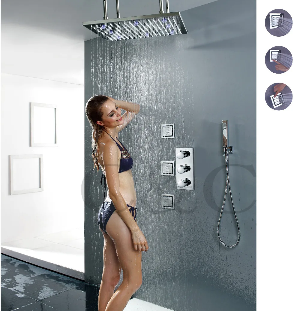 Bathroom Rainfall Electric Shower Faucet 20 Inch LED 3 Colors Temperature Sensitive Shower Head Brass Hand Shower Free Shipping