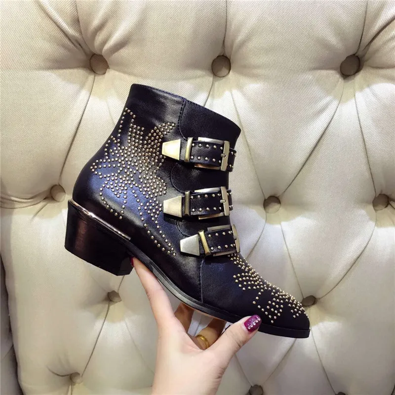 Women\'s Ankle Boots Rivet Flower Susanna Studded Cowboy Boots High Quality Genuine Leather Luxury Shoes Ladies Botines Mujer