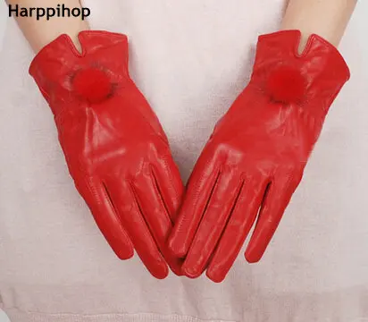 women leather gloves  Color genuine leather gloves female sheepskin gloves women's thin thermal mink hair ball 2017 new