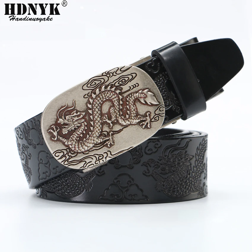 Hot China Dragon Designer Belt Men Cowskin Genuine Luxury Leather Men\'s Belts for Men Carving Dragon Pattern Automatic Buckle