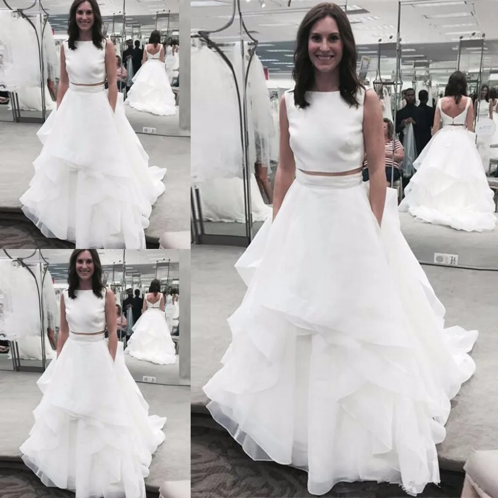 Eleganckie Scoop dwa kawałki linii suknie ślubne Ruffles Organza przycisk suknie ślubne dla panny młodej Hochzeitskleid Robe De Mariee