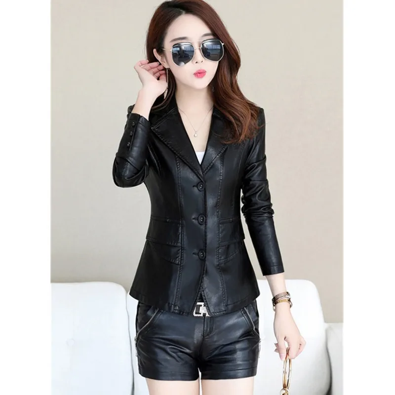 UHYTGF 5XL Quality Leather Jacket Women Spring Autumn Coats Outerwear Female Suit Collar Slim Short Leather Jackets Ladies 816