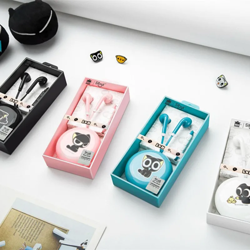 Детские наушники с милым котом, стереонаушники-вкладыши 3,5 мм с микрофоном и коробкой для хранения Luoxiaohei для мобильных телефонов для девочек Xiaomi MP3