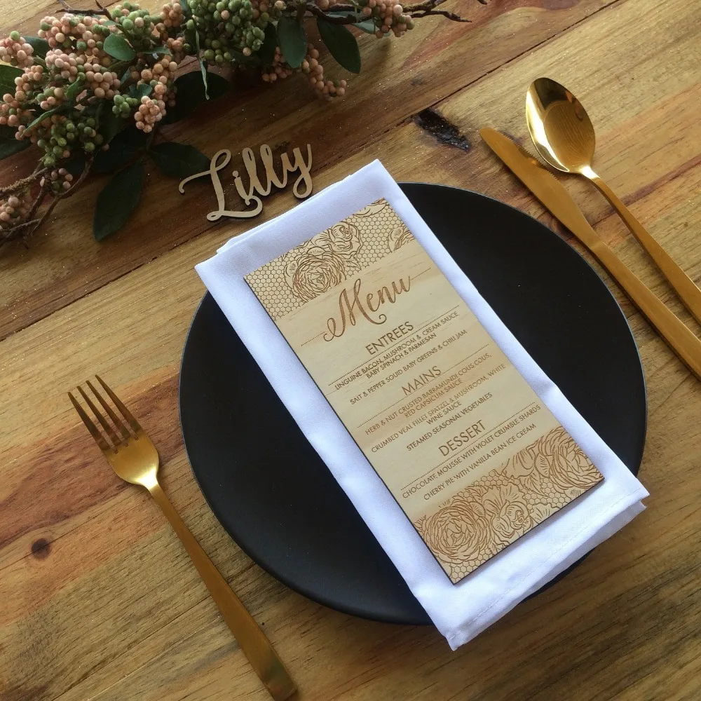 Vintage Wooden Menu, Laser cut wood menus. ,Personalized Wedding Wooden Menu