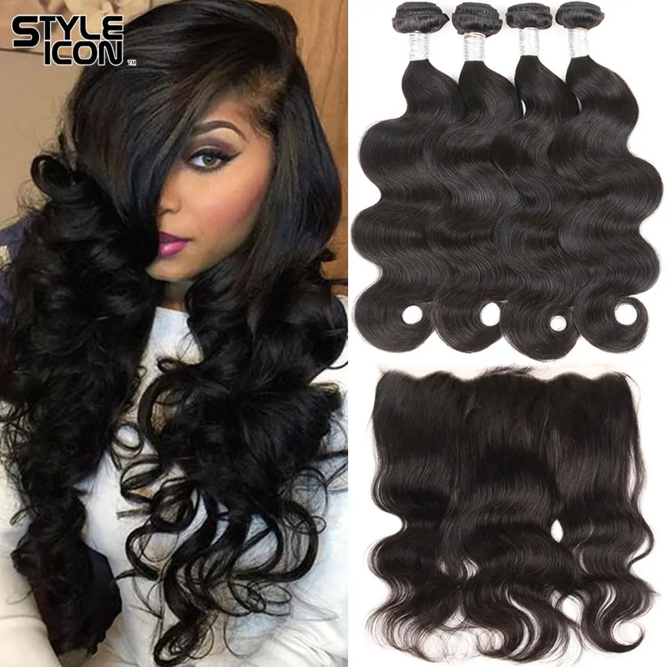 Styleicon Peruvian Body Wave Bundles with Frontal 2 3 4 Bundles with Frontal Closure Natural Human Hair Weaving with LaceFrontal