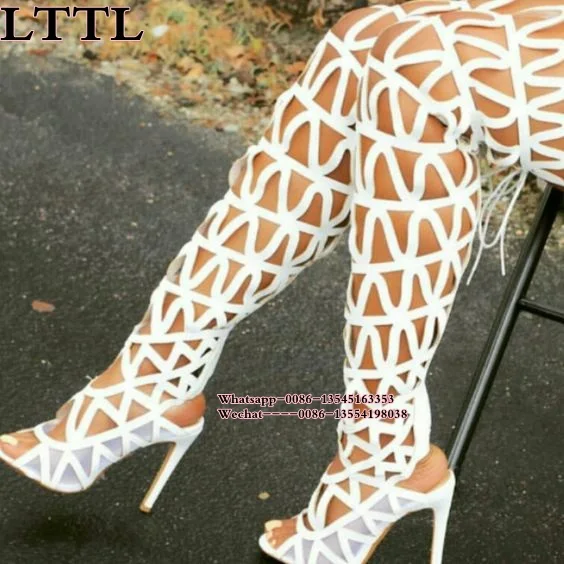 Women Cuts Out Boots Thigh High Gladiator Sandals Boots Sexy Knee High Heel Back Lace up Booties Open Toe Party Shoes