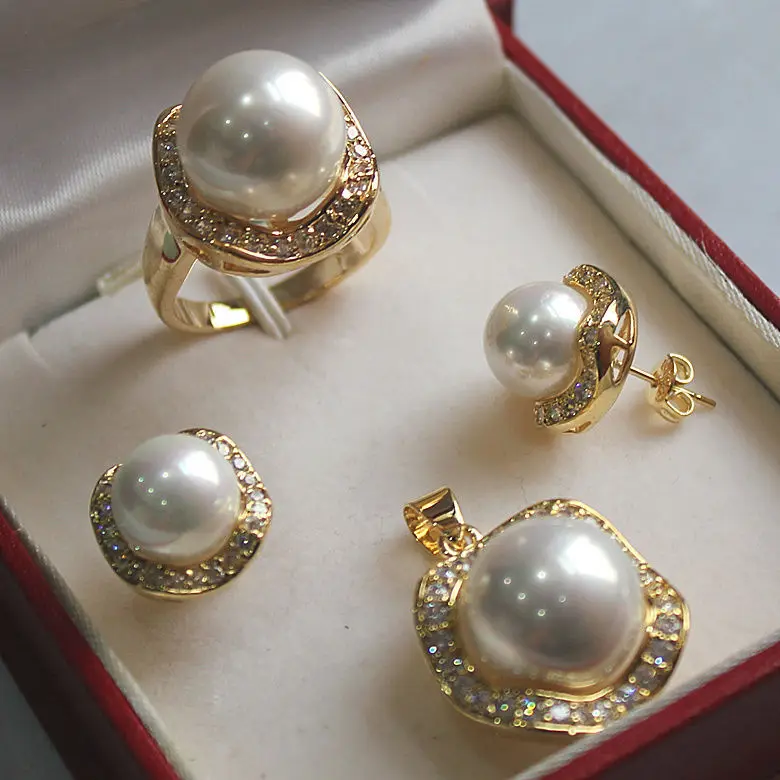 Charming Shell Pearl Pendant Earing Ring Jewelry Set AAA style Fine Noble real Natural free shipping