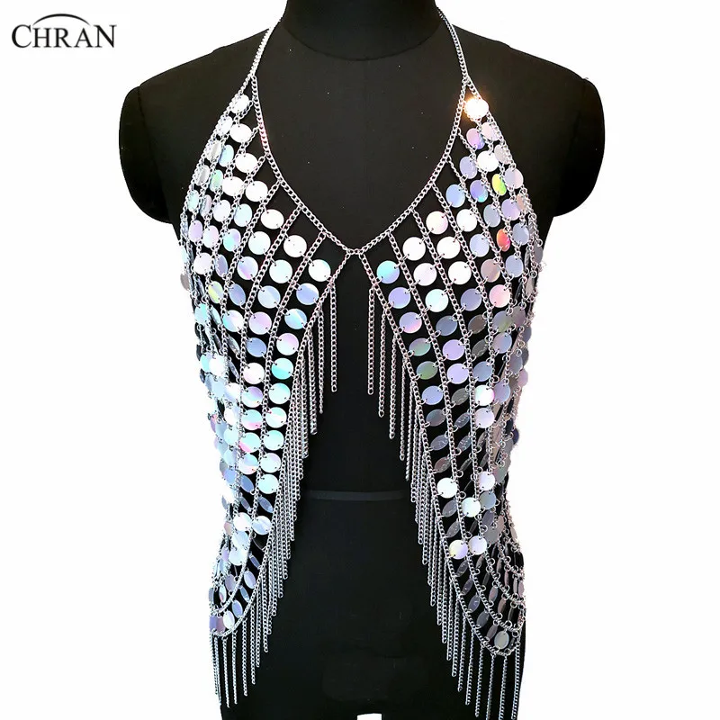 Chran New Sexy Spark Vest Summer Mermaid Crop Tops Tassel Halter Necklaces Bikini Wear Sequin Womens Party Jewelry Accessories