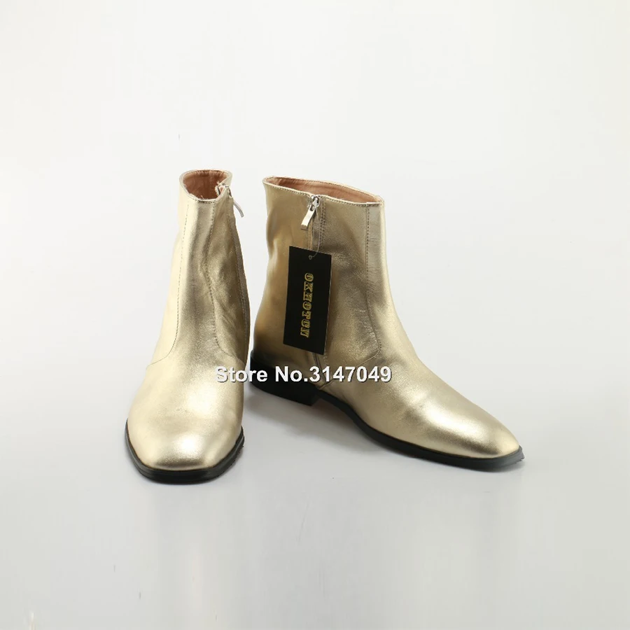 Handmade Gold Silver Metallic Leather Wyatt Men Ankle Boots Fashion Square Toe Chelsea Boots Side Zipper Men Motorcycle Boots 46