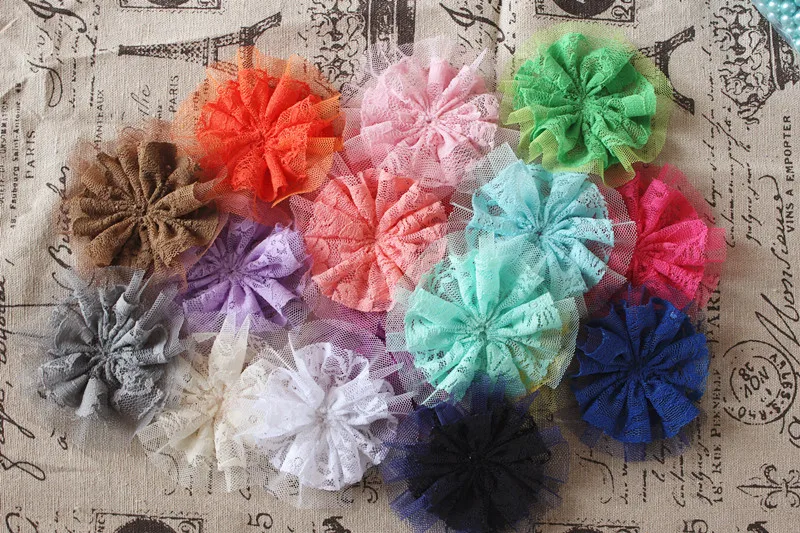 Trend Vintage Lace Flower Frilly Hair Flowers  Tulle flower perfect  for  girl  Hair Accerssiory 18 colors 60pcs