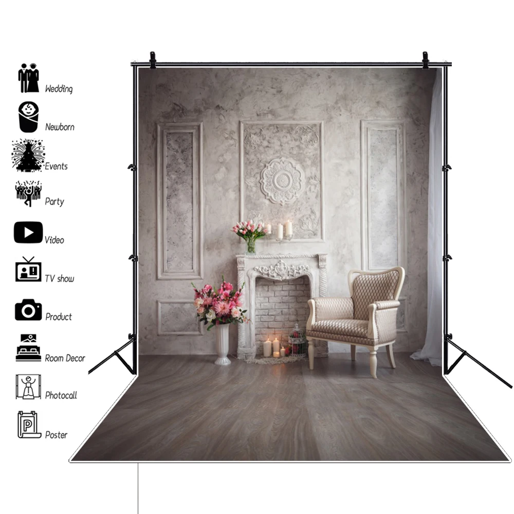 

Old Chic Wall White Fireplace Armchair Flower Wooden Floor Baby Interior Photo Backdrops Photography Backgrounds Photo Studio