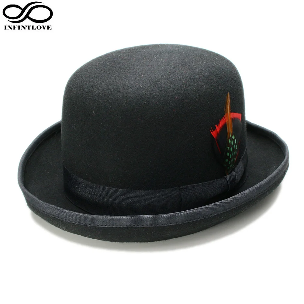 LUCKYLIANJI 100% Wool Unisex Spring Autumn Feather Decoration Derby Bowler Hat in Black and Red Fedora Hat Classical Cap Chapea