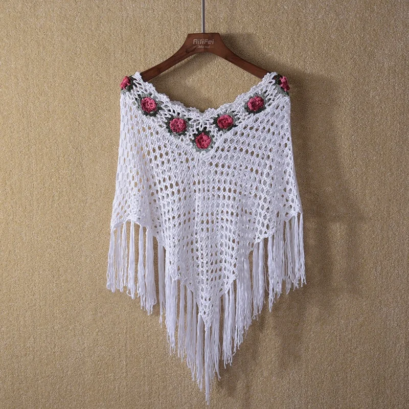 New Summer Women High-grade Crochet Hook Flower Fringed Cloak Knitting Novelty Tassel Hollow Out Female Irregular Poncho Shawl