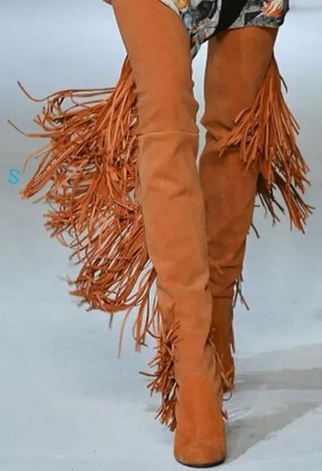 Fashion Orange Suede Leather Women Over The Knee Boots Sexy Fringe Back Ladies Chunky Heel Boots Point Toe Female Knight Boots