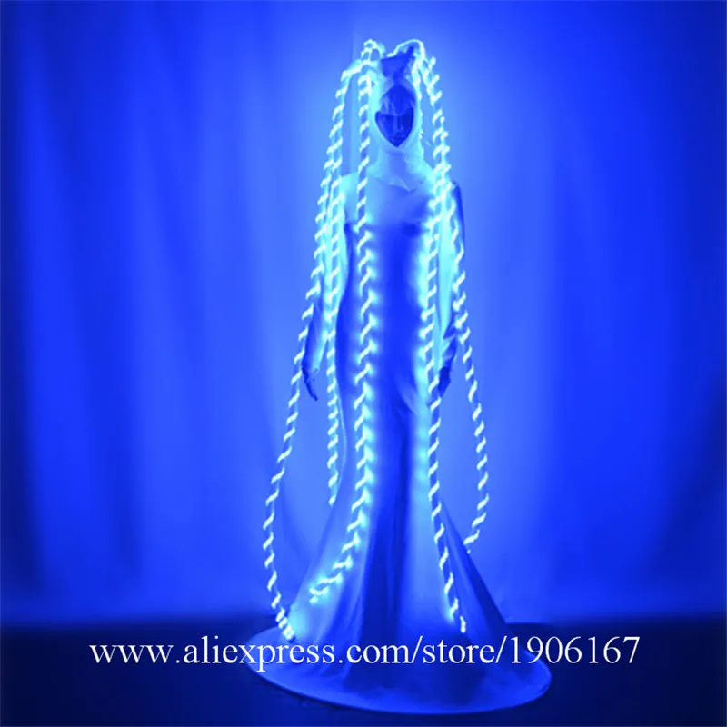 RGB LED Luminous Flashing Halloween Long Hair Clothes Illuminated Led Lighting Up Long Wigs Sexy Lady Bodysuit Outfit Dress