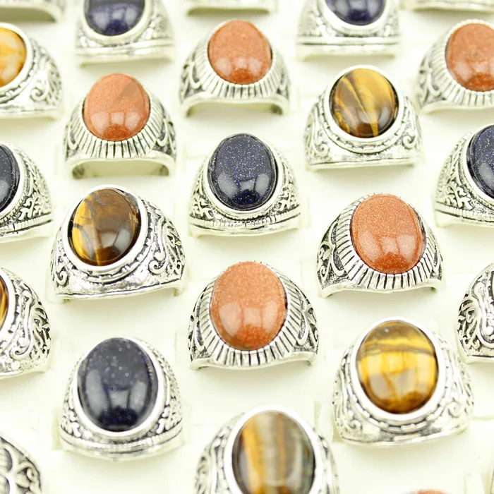 Good Quality Silver Plated Oval Vintage Stone Rings Mix Color Mix Size fashion Jewelry 12 pieces/lot