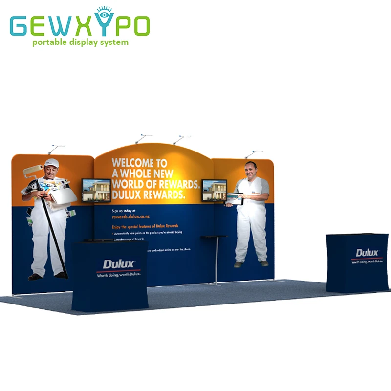 

20ftX10ft Tradeshow Booth Advertising Tension Fabric Banner Aluminum Tube Display Wall With Podium Hard Case And Four LED Lights