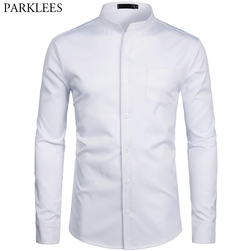 

Men's Hipster Mandarin Collar Dress Shirts 2019 Brand New Slim Fit Long Sleeve Chemise Casual Work Busienss Shirt Male White 2XL