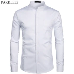 Men's Hipster Mandarin Collar Dress Shirts 2019 Brand New Slim Fit Long Sleeve Chemise Casual Work Busienss Shirt Male White 2XL