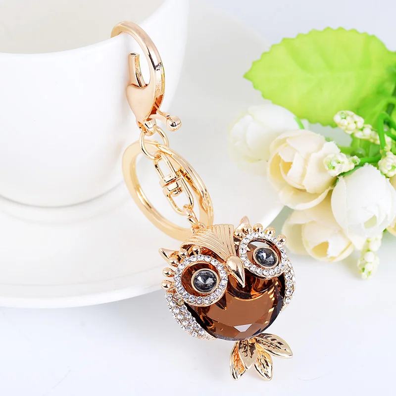 EASYA Crystal Owl Keychain Champagne Rhinestone Car Keyring Women\'s Fashion Bag Accessory Metal Owl Key Chain