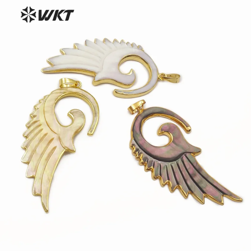 WT-P905 Wholesale fashion shell stone pendants 10pcs gold color shell feather charm pendant jewelry supplies