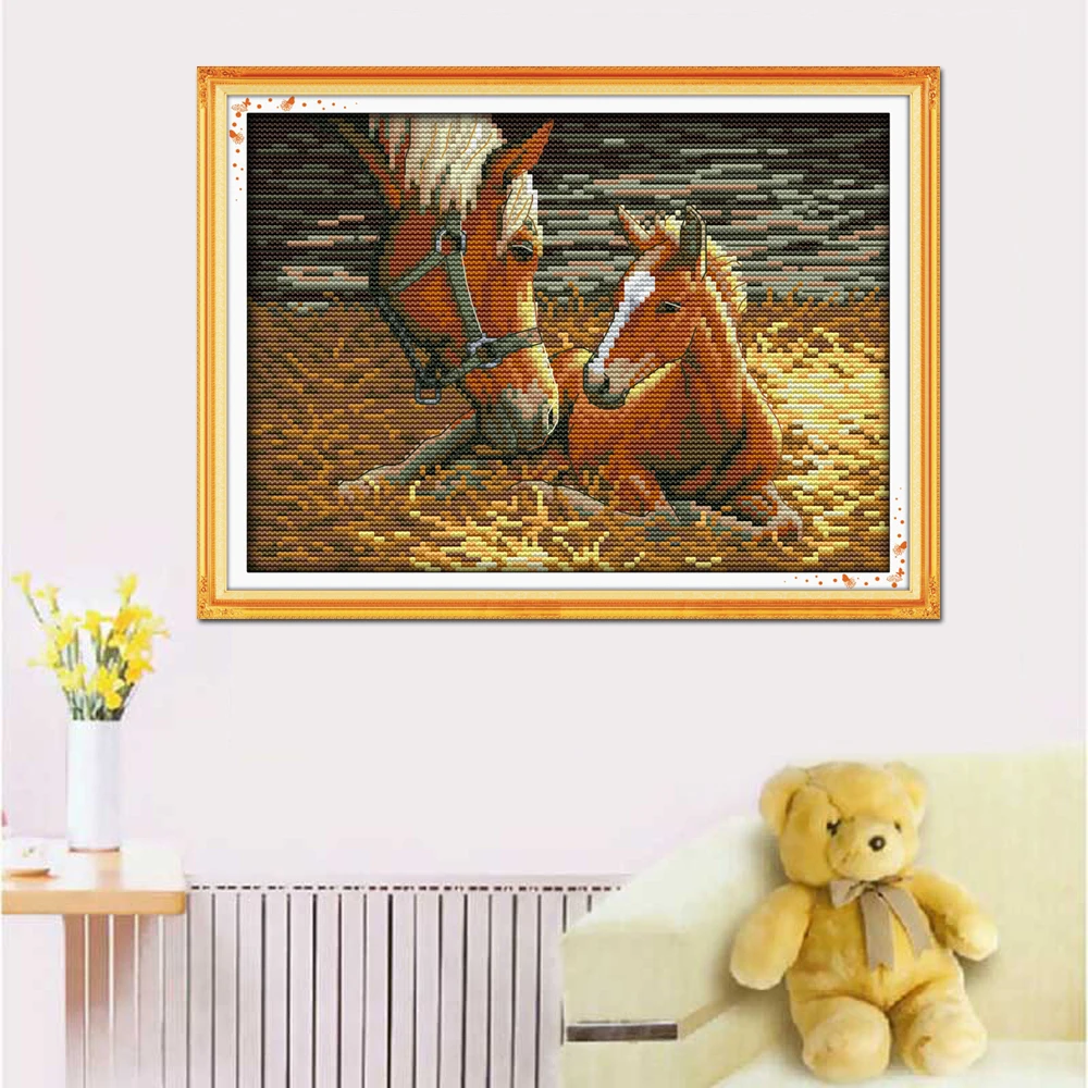 Joy Sunday-Cross Stitch Kits for Home Decor, Horse Cross Stitch, Stamped Counted, Deep Love, Mother and Son, D500, 2, 14CT, 11CT