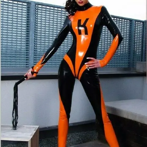 Latexanzug catsuit uniforme zentai terno látex gummi laranja/preto 0.4mm S-XXL