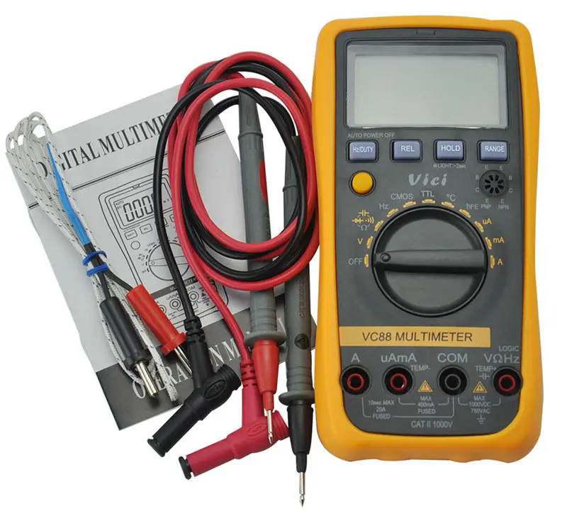 

VC88 3 3/4 Digital Multimeter Auto Range Multimetro Tester DMM w/Temperature Capacitance Frequency hFE & CMOS & TTL Logic Test