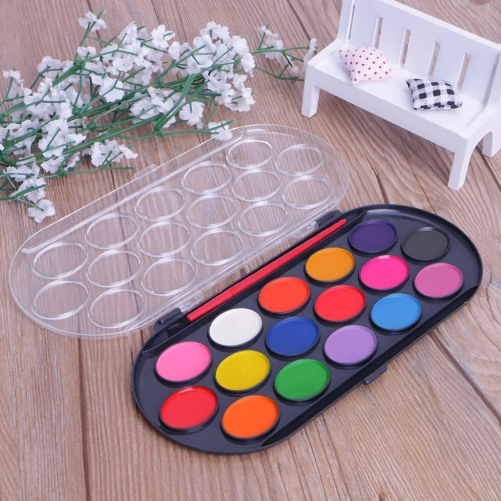 16 Colors Watercolor Palette Brush Set Painting Tray Craft Drawing Art Mini Kid Gift Painting Supplies School Student