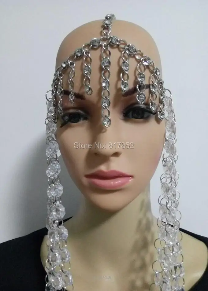 New Style Women Silver Plated Chains Layers Silver Rhinestone Chains Clear Beads Head Chains Jewelry WRHE08