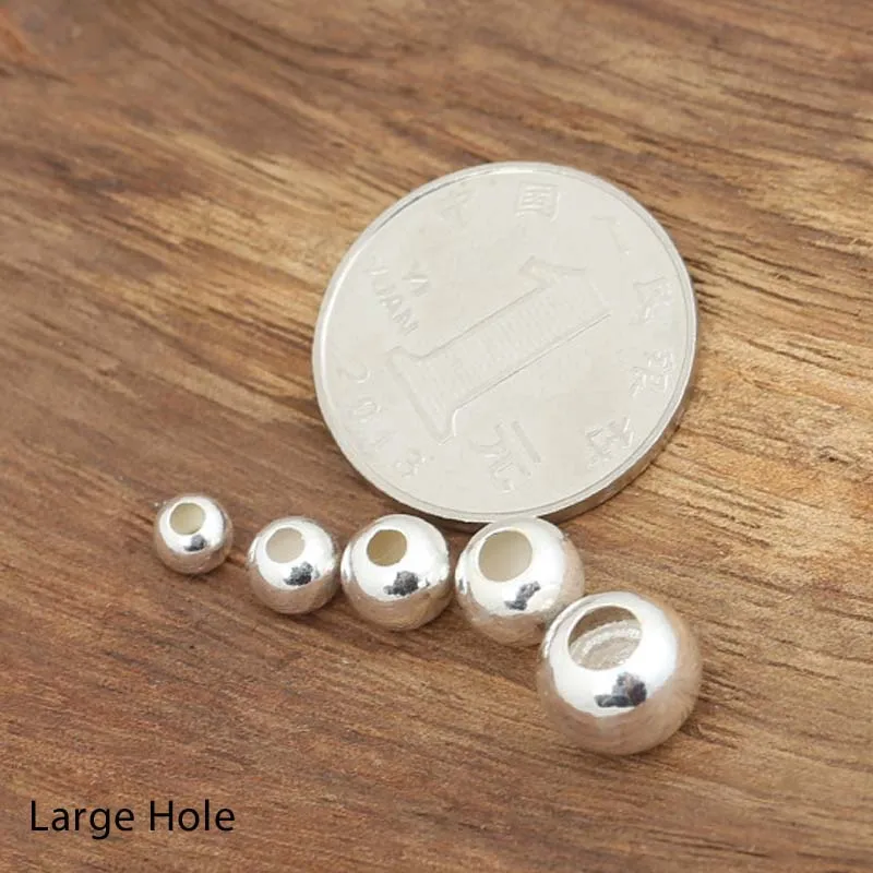 3-8mm Large Hole Real Pure 925 Sterling Silver Beads Jewelry Findings Accessories Round Smooth Bead DIY Bracelet Anklet Chain