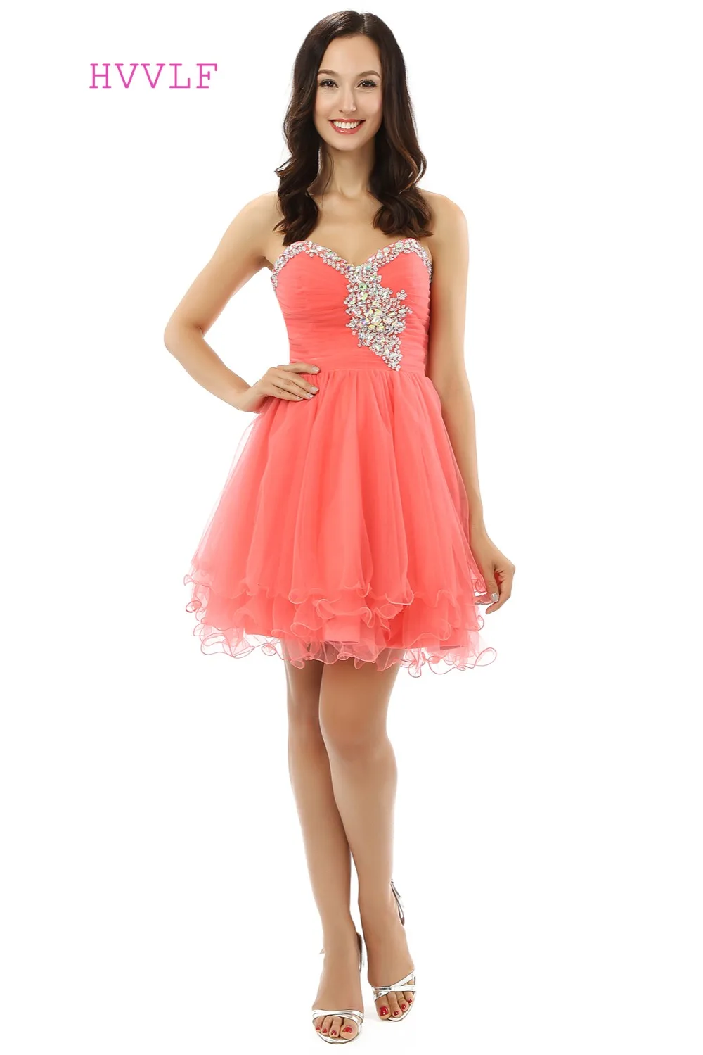 

Coral Homecoming Dresses A-line Sweetheart Organza Beaded Crystals Short Mini Sparkly Sweet 16 Cocktail Dresses