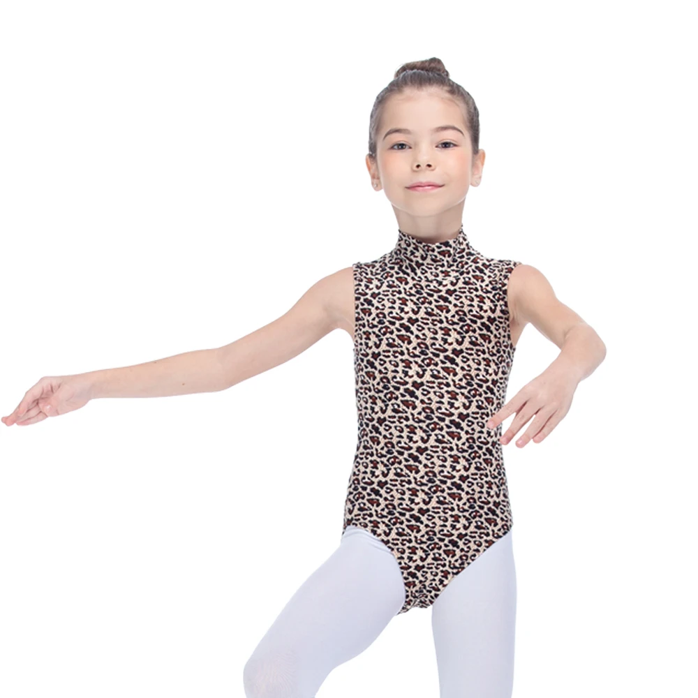 Girls Leopard Tank Cool Lycra Leotard with High Neck for Kids Ladies Practice Ballet Gymnastics Bodysuit