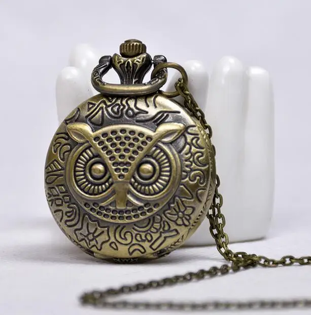 Vintage Bronze antiques owl Fashion quartz Students present pendant Necklace pocket watches gift