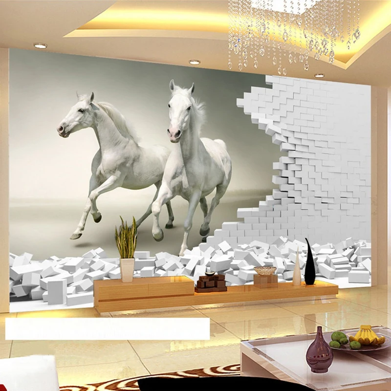 

Custom 3D Wall Murals Wallpaper 3D Stereoscopic White Horse Brick Wall Art Mural Living Room Bedroom Background Papel De Parede