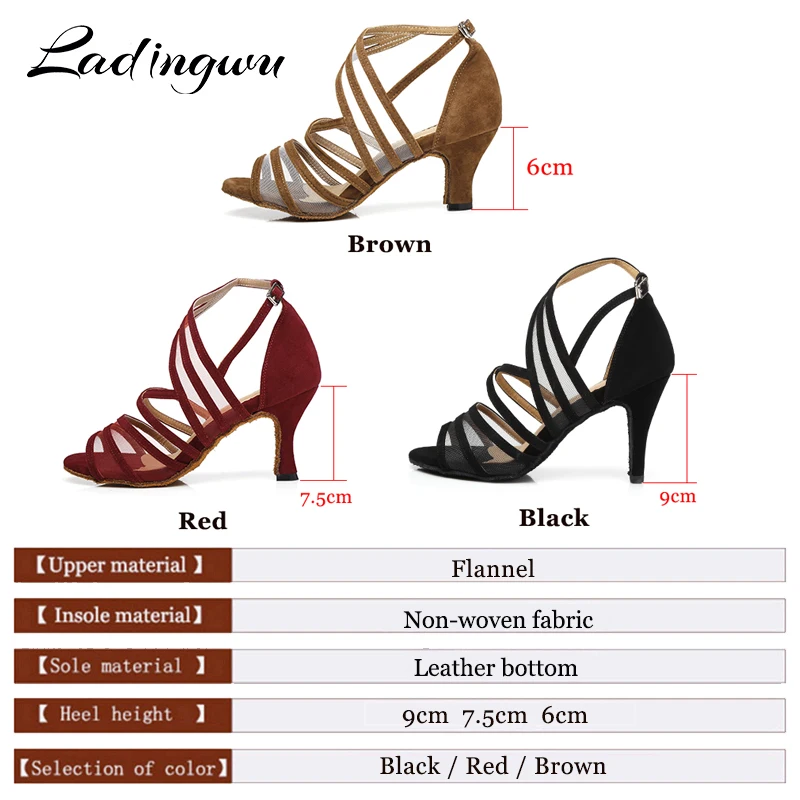 Ladingwu-zapatos de baile latino para mujer, zapatillas de franela y malla para Salsa, rojo, marrón, negro, tacón de salón de 9cm