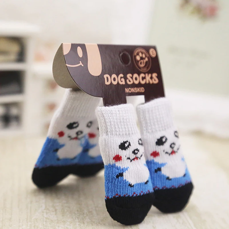 4pcs Warm Puppy Dog Shoes Soft Acrylic Pet Knits Socks Cute Cartoon Anti Slip Skid Socks For Small Dogs Pet Products S/M/L