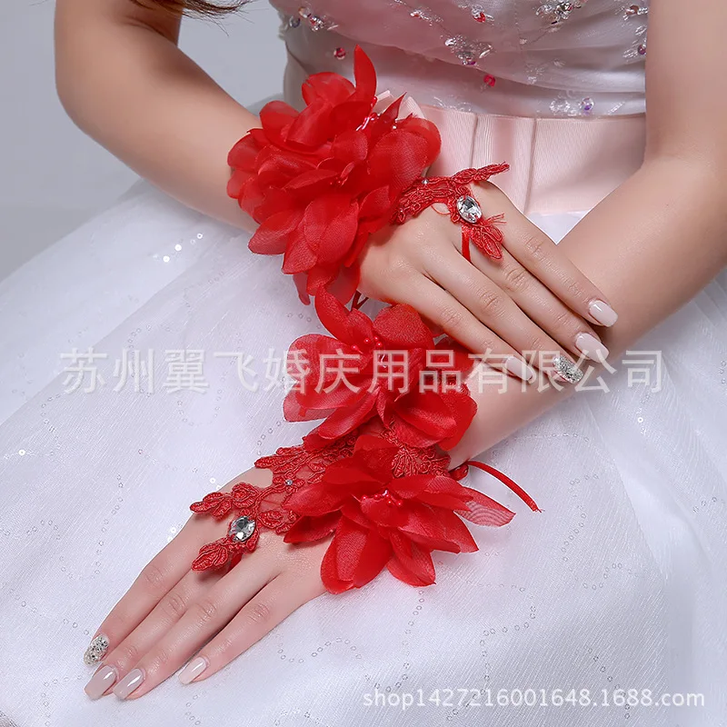 Hot Sale Summer Bridal Gloves Appliqued Bandage Fingerless Wedding Accessories Red White 5 Pairs Crystal Glove Noivas LT076