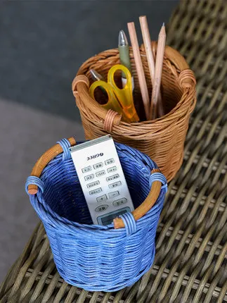 Handmade rattan mini desktop storage basket Green plant flower pot set Snack storage basket pen holder