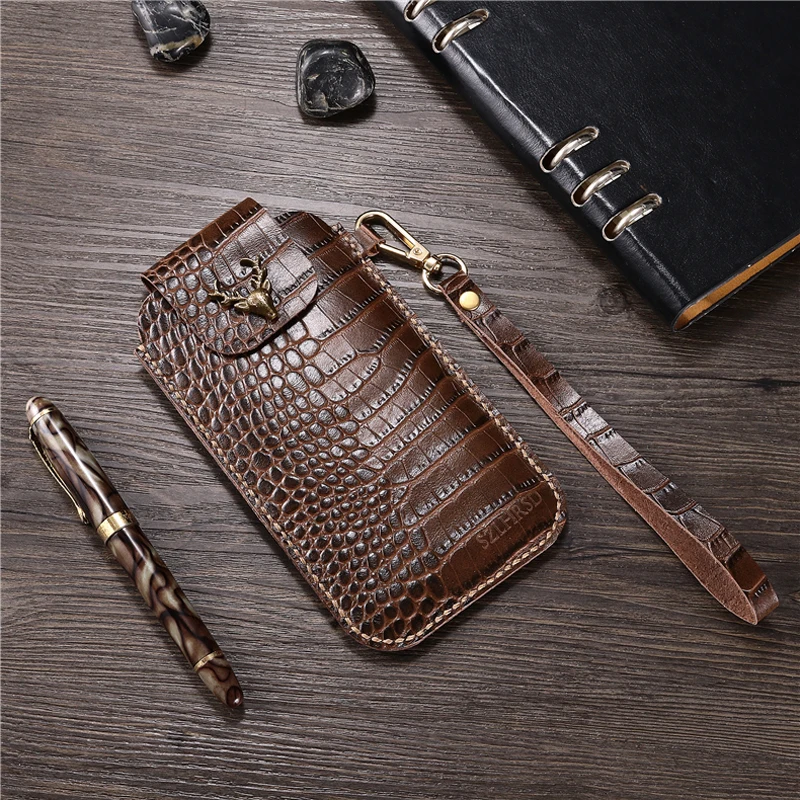 Wrist Hanging Men Genuine Leather Case Mobile Phone Waist Bag Wear Belt Verticle Waist Bag for Samsung Galaxy A20e A30 A10