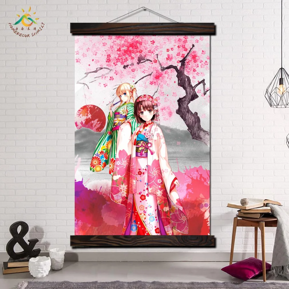 

Two Pink Japanese Kimono Girl Modern Wall Art Posters and Prints Scroll Canvas Painting Pictures for Living Room