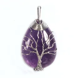Wire Wrapped Tree of Life Water Drop Natural Purple Amethyst Rose Quartz Healing Crystal Agate Stone Pendant Jewelry For Women
