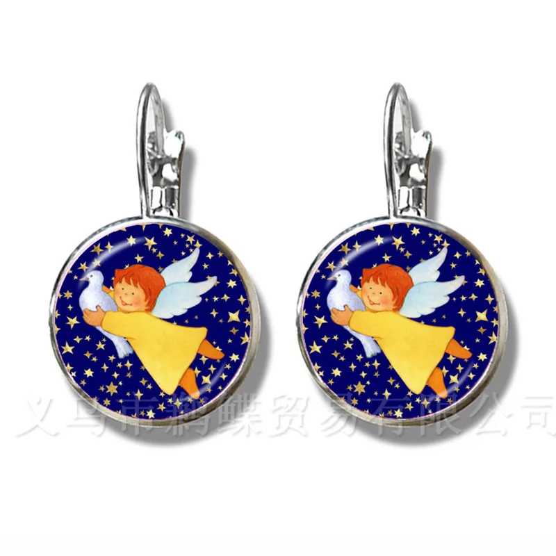

16mm Round Glass Cabochon Handmade Christmas Angel Stud Earrings For Women Girls Party Favor Jewelry Xmas Gift