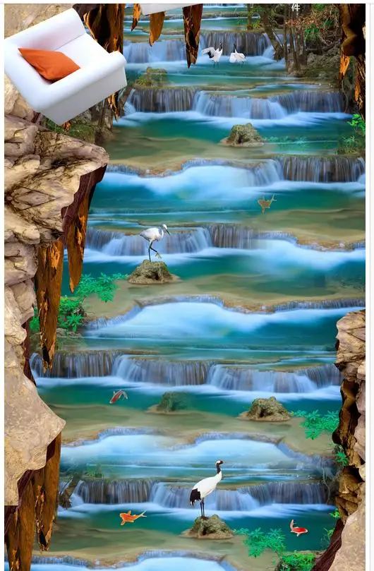 Mural-3d PVC Wallpaper Self-adhesive Floor Wallpaper-3d Rock forest scenic waterfall Modern Floor painting