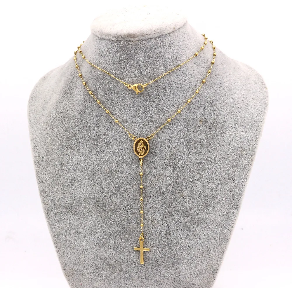 JSBAO Women Rosary Necklaces Stainless Steel Virgin Mary And Jesus Cross Pendants Gold Colour Necklace Women Fashion Jewelry