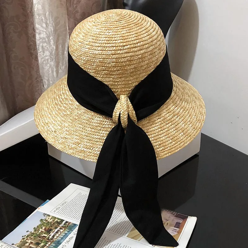 Wide Brim Cloche Straw Hat for Women UPF50 Sun Hat Black Ribbon Knot Wide Brim Woven Bucket Hat Summer Beach Cap Derby Hat