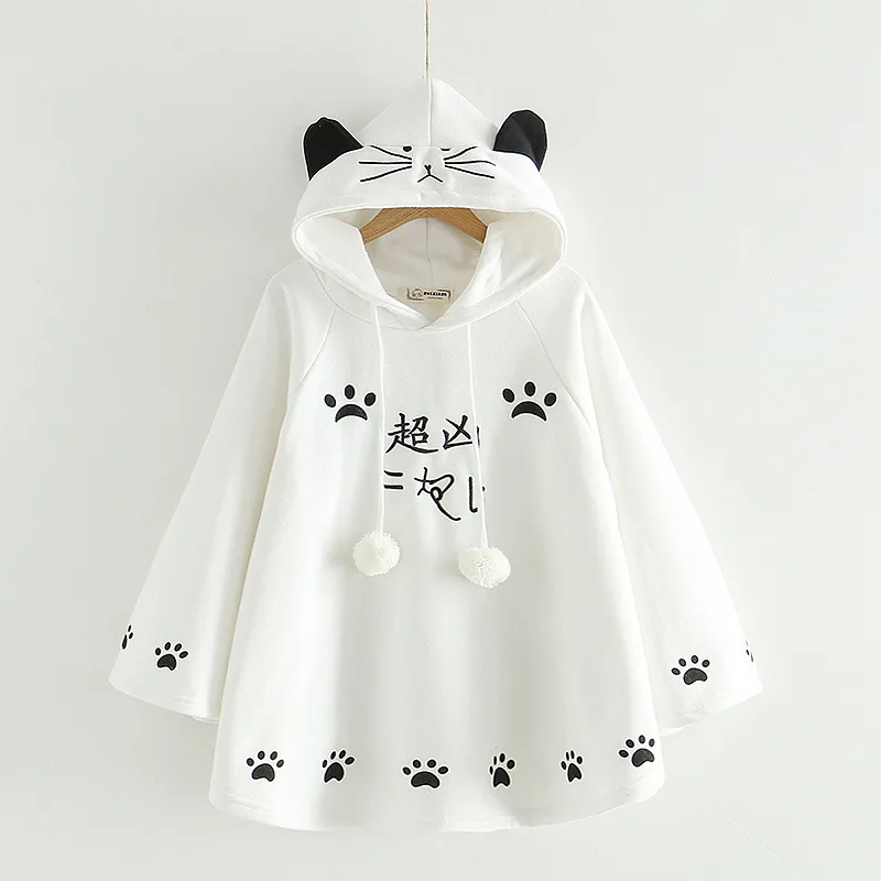 Fashion Women Kawaii Cat Ear Sweatshirt Japanese Cute Paws Girls Casual Outerwear Harajuku Cloak Fleece Loose Hooded Hoodies